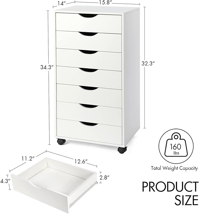 TUSY 7 Drawer Storage Organizer on Wheels Mobile File Cabinet with Locking Casters Tall Chest of Drawers for Home Office White Rolling Storage Drawers for Office Supplies