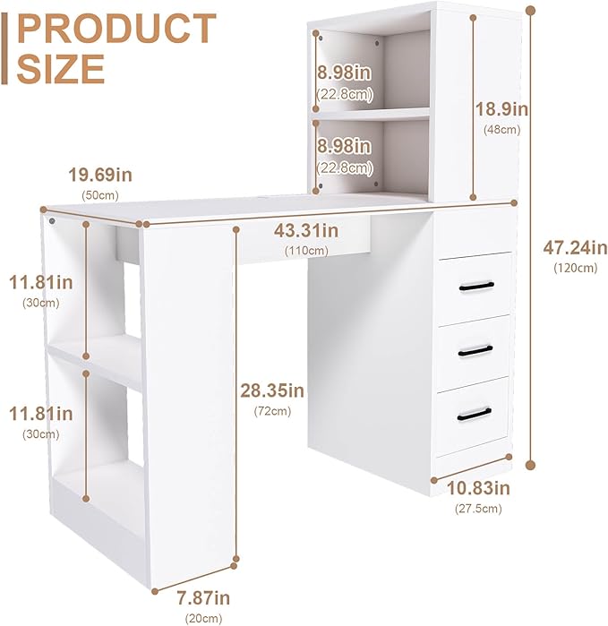 43'' White Modern Computer Desk with 4-in-1 Socket &amp 3 Drawers - Home Office Desk with 4 Shelves Standing Desk for Small Spaces Bedroom Studio - Compact Workstation Easy Assembly White