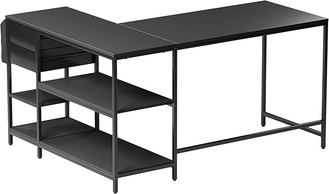 Techni Mobili Modern L-Shaped Desk with Storage Corner Computer Desk for Home &amp Office with 2 Drawers Open Storage Shelves Fabric Organizer &amp Sturdy Metal Frame Black