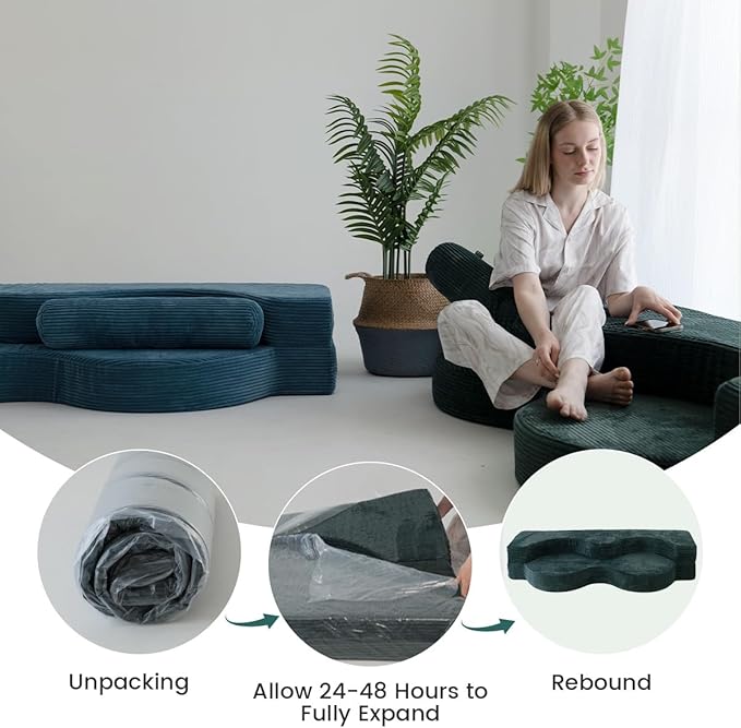 75 Folding Sofa Bed Convertible Futon Twin Size Sleeper Couch Washable Velvet Corduroy Cover &amp High-Density Foam 2-in-1 Floor Mattress No Assembly for Living Room/Dorm Green