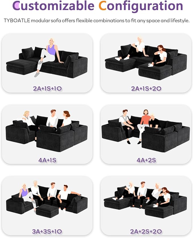 TYBOATLE 146’’ Black Boneless Couch for Living Room U Shaped Cloud Sectional Sofa w/Ottoman Comfy Boneless Modular Couch w/Memory Foam