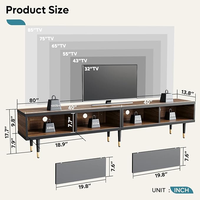 Bestier Mid Century Modern TV Stand for 85 inch tv Entertainment Center with Storage and Sliding Doors 2 in 1 Long TV Cabinet for Living Room Ancona Walnut