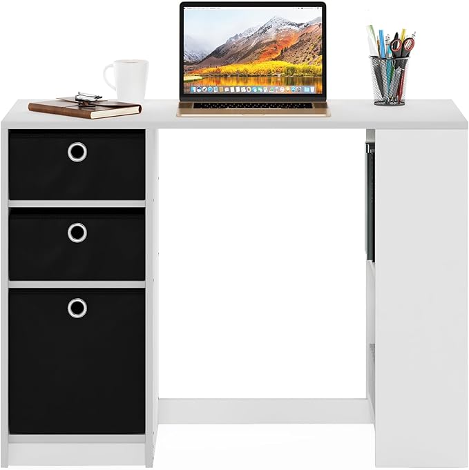 Furinno Jaya Desk 39.4 Wide Gaming Desk with Drawer Bins Computer Desk with Side Book Shelf Writing Desk Office Desk for Home Office Study Room Dorm Bedroom White