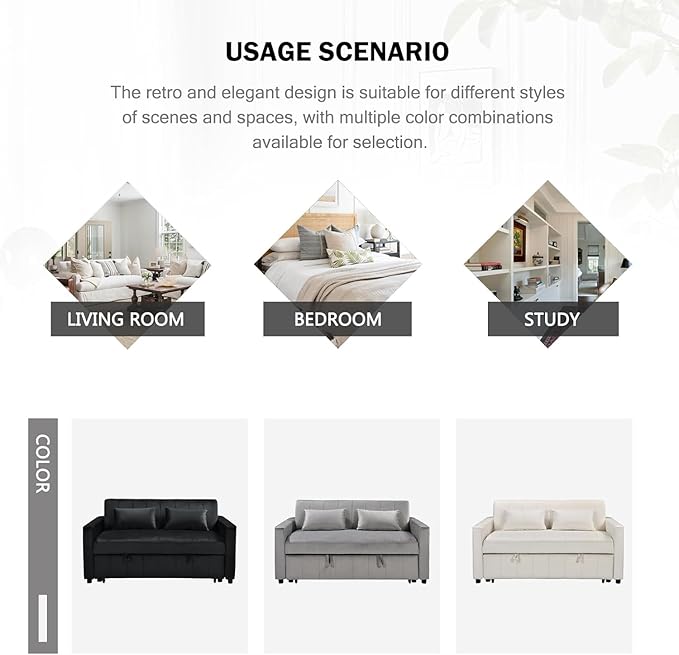 3 in 1 Convertible Sleeper Sofa Bed55.51 Velvet Futon Sofa Bed Pull Out Couch for Bedroom&ampLiving Room Loveseat Sofa Bed with Storage Pockets &amp 2 Toss PillowsAdjustable Backrest(Grey)