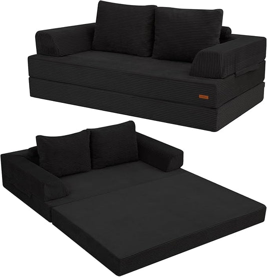 COMAX Futon Sofa Bed Convertible Folding Sofa Bed Boneless Couch Loveseat Corduroy with Pillows Small Foldable Floor Couch Comfy Lounge Sleeper for Living Room Bedroom Black