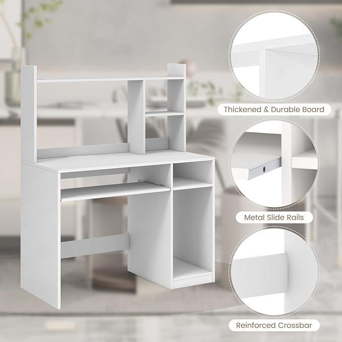 Computer Desk with Power Outlet and Hutch Home Office Workstation with Bookshelf Keyboard Tray &amp CPU Stand Writing Study Table with Storage for Small Space Black/White (White)