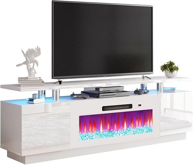 AMERLIFE Fireplace TV Stand with 36 Fireplace 70 Modern Fireplace Entertainment Center LED Lights 2 Tier TV Console Cabinet for TVs Up to 80 White &amp White