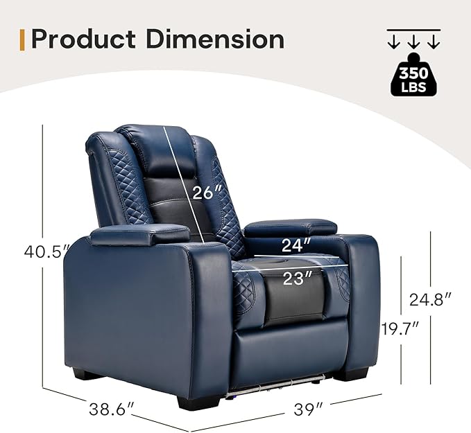 ANJ Power Home Theater Seating Set of 2 Blue Faux Leather Electric Recliner Chair with Adjustable Headrest Dual Motors Movie Reclining Chairs with LED LightsUSB portCup Holders Hidden Arm Storage