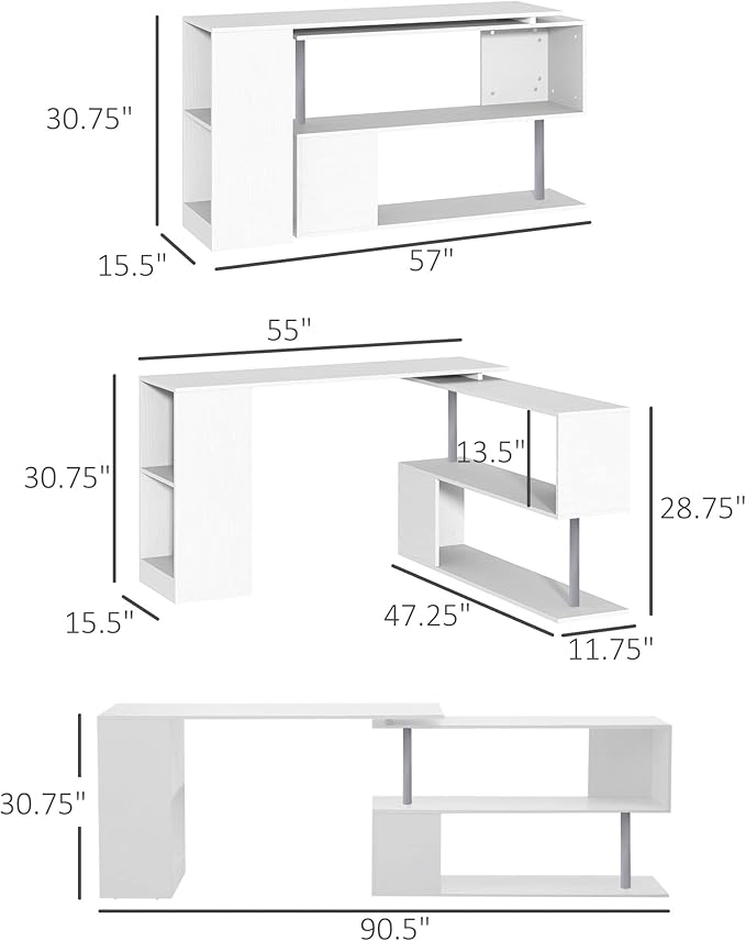 55 360° Rotating Corner Computer Desk Modern L Shaped Home Office Workstation with 3 Tier Storage Shelves Bookshelf White