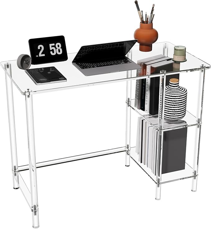HMYHUM 40 Inch Acrylic Computer Desk with Reversible Storage Shelves Clear Home Office Desk for Laptop Study Writing Vanity Table Modern