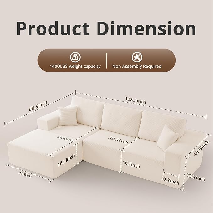 108 L-Shaped Boneless Couch High Seat Modular Sectional Sofa with Moveable Ottoman Corduroy Cloud Couches for Living Room No Assembly Ship in a Box White