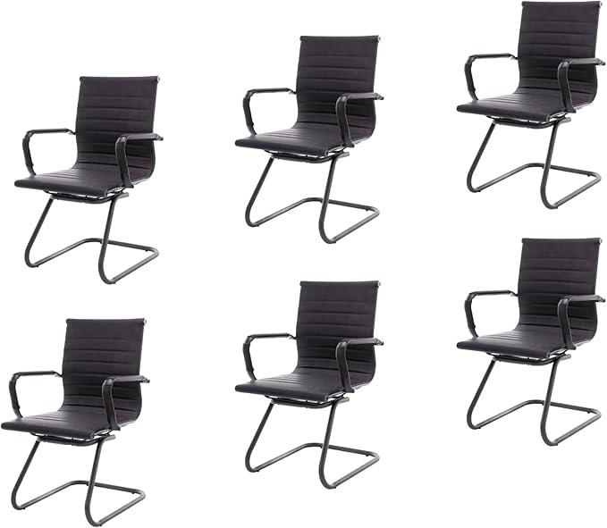 CIMOTA Waiting Room Chairs Leather Office Guest Chair Mid Back Reception Chairs with Sled Base for Meeting/Patient/Conference Room Retro Black Set of 6