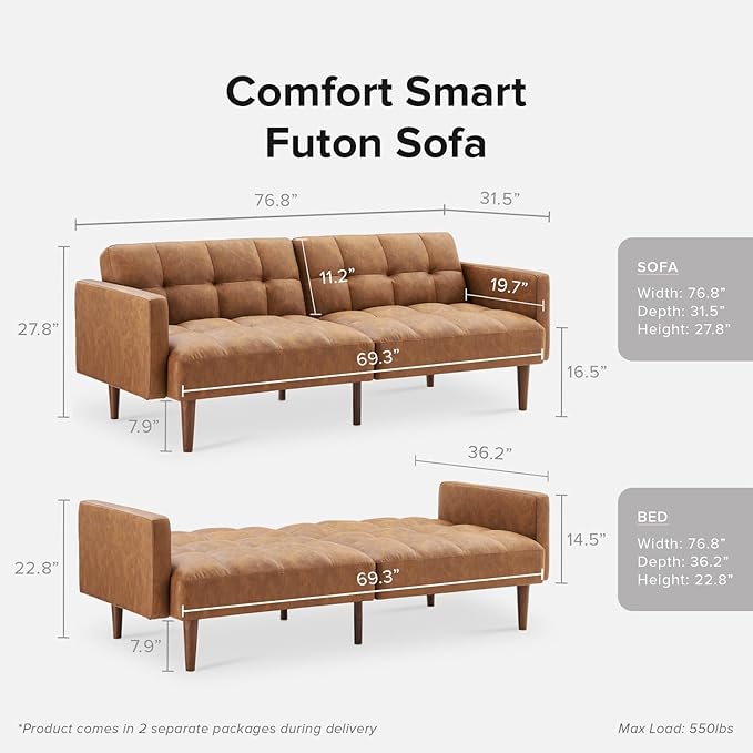 mopio 76.4 Futon Sofa Bed Couch Loveseat Sleeper Sofa Mid Century Modern Futon Couch Sofa Cama Couches for Living Room (Aaron PU Pecan Brown)