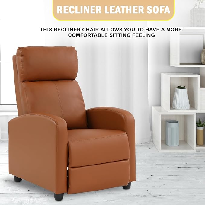 PayLessHere Recliner Chair Single Reclining Sofa Home Theater Seating with Lumbar Support and PU Leather Padded Backrest for Living Room and Bedroom (Tan)