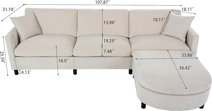 kevinplus 107.87'' Sectional Sofa Couch with Curved Convertible Ottoman for Living Room Modern 3-Seat L-Shaped Upholstered Sectional Couch Sofa for Apartment Polyester Fabric Beige