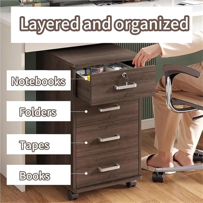 Mobile File Cabinet Wooden Low Desk Drawer with Four Drawers Lockable Storage Cabinet with Removable Wheels Multifunctional Locking Cabinet for Office(Brown)