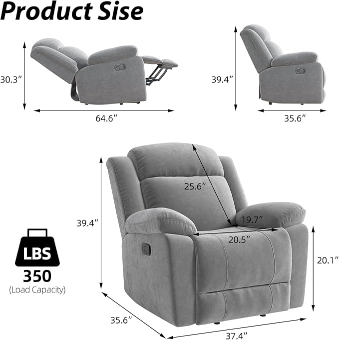 2Pcs Manual Rocker Recliner Chair Comfy Short Plush Glider Rocking Recliner with Overstuffed Lumbar Support Upholstered Reclining Sofa Chair for Living Room Grey