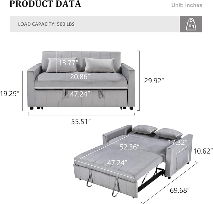 55.51 Convertible Sofa Bed 3-in-1 Sleeper Sofa with Pullout Velvet Couch Bed with Adjustable Backrest and Side Pocket &amp 2 Pillows Modern Futon Couch for Living Room Bedroom（Grey）