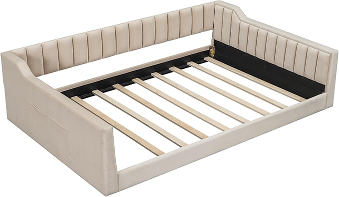 Full XL Size Floor Bed with Storage Pocket Upholstered Floor Sofa Daybed with Vertical Stripe Design for Gust RoomBedroom Living Room Beige