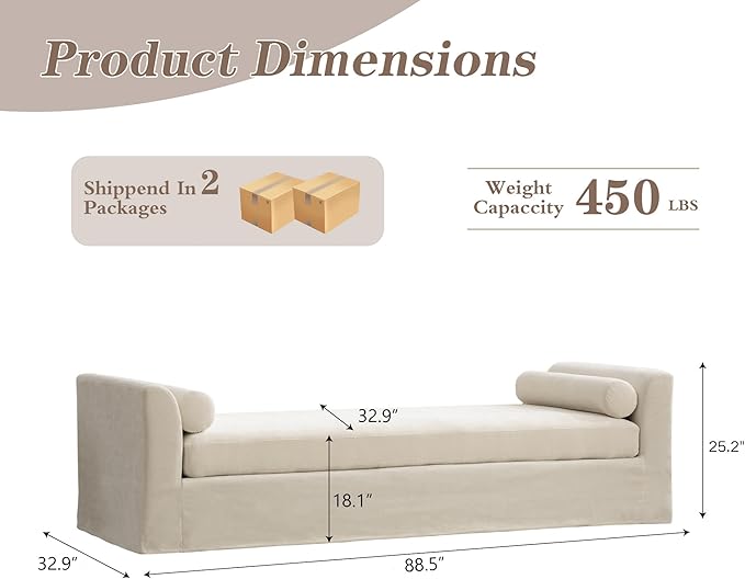 Mlmh &amp Kngwa Chaise Lounge Chair Indoor 88.5 Upholstered Oversized End of Bed Bench with 2 Pillows &amp Armrests Comfy Sleeper Couch Daybed Bench for Bedroom Living Room Chenille Beige