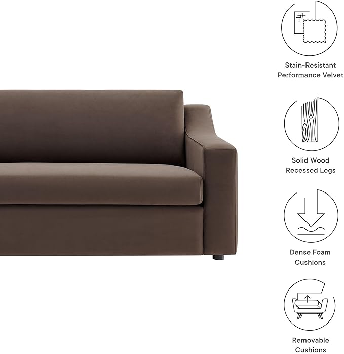 Modway Liora 87 Inch Stain-Resistant Performance Velvet Sofa in Chocolate Brown - 3 Seater Upholstered Sofa Couch for Living Room Seating - Comfy Deep Seat Sofa with Scoop Arms