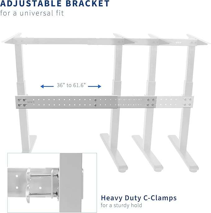 VIVO White Universal Steel Clamp-on Desk Stabilizer Bar for Sturdy Reinforced Workstation 36 to 61.6 inch Bracket Support System for Sit to Stand Desk Frames Expandable Width Adjustment DESK-STB01W