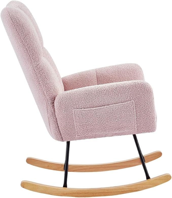 Teddy Rocking Chair Nursery Modern Teddy Fabric Nursing Chair for Mom and Baby Accent Upholstered Rocker Glider Chair with High Backrest for Nursery Living Room Bedroom (Pink)