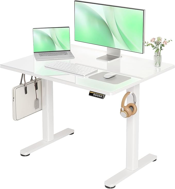 Glass Standing Desk 40 X 24 Inch Electric Stand Up Desk with Hook and Multi-Function Keyboard Quick Install Home Office Computer Desk (White 40 X 24 Inch)