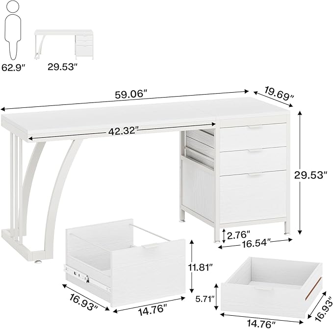 Tribesigns Computer Desk with 3 Drawers 59-Inch PC Desk with Reversible Drawers Industrial Study Writing Table Workstation with File Storage for Home Office White