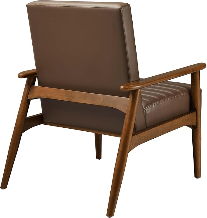 Modway Jensen Vegan Leather Accent Chair in Walnut Brown - Mid-Century Modern Armchair with Solid Wood Legs &amp Armrest - Upholstered Faux Leather Single Side Chair - Reading Chair for Living Room