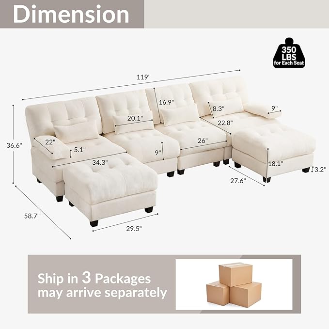 KEIKI 119 4 Seater Chenille Modular Sectional Couches with 4-Position Adjustable Backrest 2 Ottoman &amp 4 Throw Pillows Comfy Couch Sofa for Living Room Apartment Indoor 350lb/Seat
