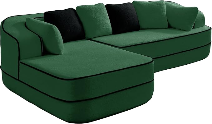 Ball &amp Cast 106 Cloud Sectional Couch with L-Shape ChaiseTeddy Fabric Boneless Modular Sofa with Deep Seat32D High Density SpongeUpholstered Couch for Living RoomNo Assembly RequiredGreen(Le