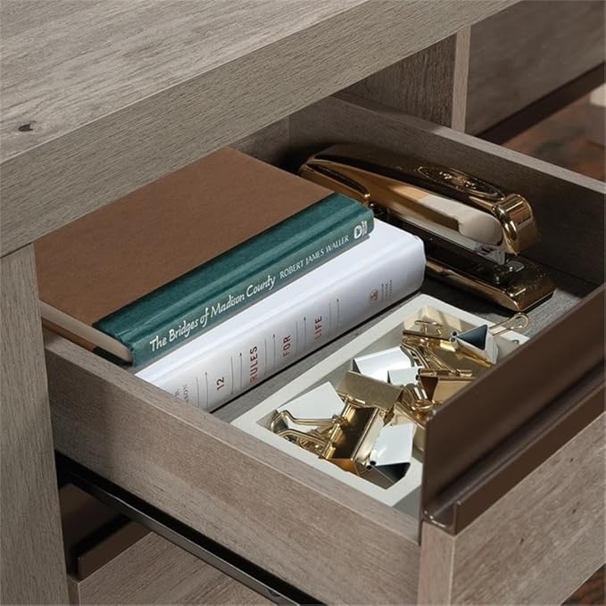 Pemberly Row Modern L-Shaped Engineered Wood Desk Mystic Oak Finish Metal Accents Lockable File Drawer Spacious Home Office Workspace Safety Certified for Durability and Performance