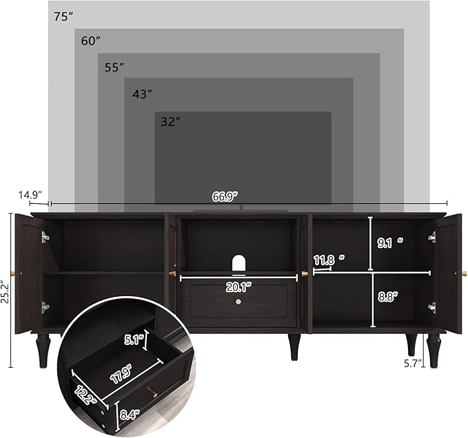 ARTPOWER 67'' Mid-Century Modern TV Stand with Storage Drawer and Doors Long TV Stand with Adjustable Shelves for 75 Inch TV for Living Room Bedroom Black