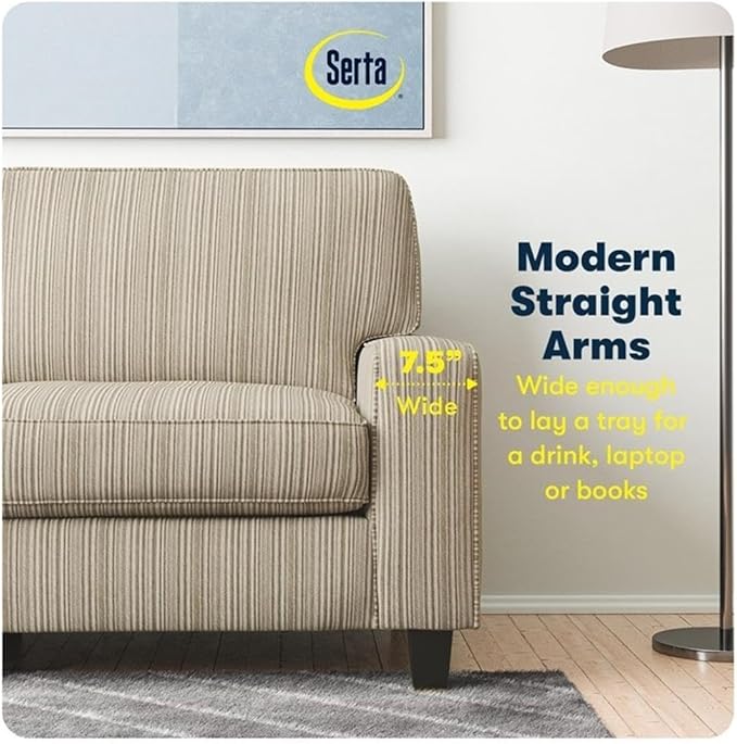 Pemberly Row Modern 73 Track Arm Sofa Beige Upholstered Removable Covers Compact Space-Saving Design Solid Wood Frame High-Density Foam Cushions Living Room or Home Office Furniture