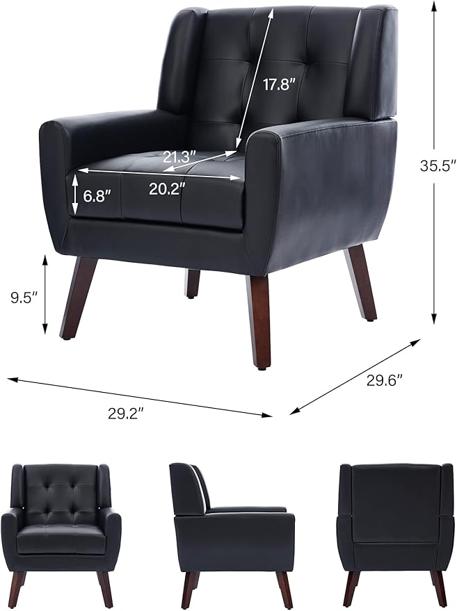Accent Chair Comfy Mid Century Modern Small Armchairs with Solid Wood Frame and Soft Cushion for Living Room Bedroom (Faux Leather Black Set of 1)