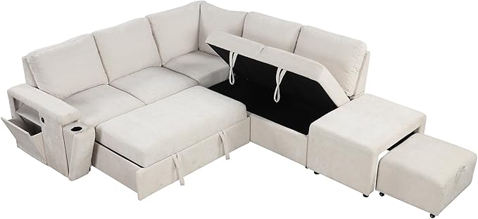 Convertible Sleeper Sectional Sofa with Pull-Out Bed and Storage Space &amp Ottoman Armrest w/USB Ports &amp Cup Holders Corner 6 Person L-Shape Modular Couch for Living Room Apartment (Beige)
