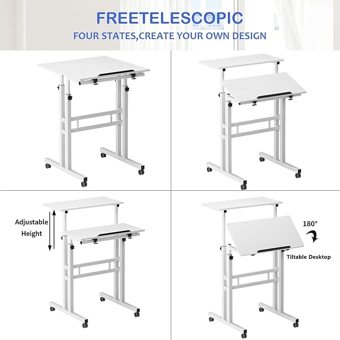 soges Height Adjustable Mobile Standing Desk Roling Sit-Stand Desk Small Standing Computer Desk Workstation on Wheels Sit Stand Up Desk for Home Office White