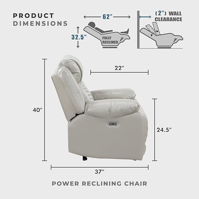 Lexicon Power Recliner Chair Faux Leather Upholstered Home Theater Seating with LED Lighting USB Charging Ports Single Wall Hugger Reclining Chair for Living Room/Bedroom Easy Assembly Gray