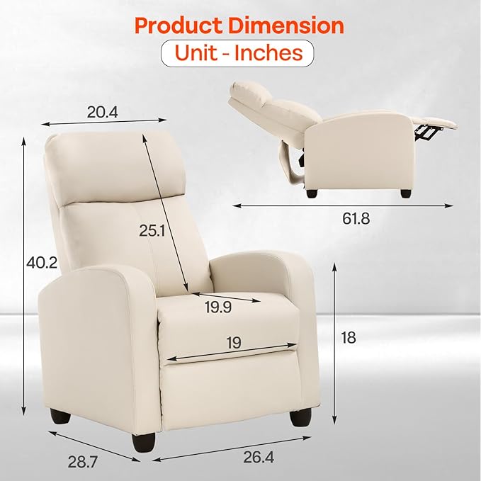 Recliner Chair PU Leather Massage Single Sofa Home Theater Seating Breathable Padded Reading Sofa with Footrest for Bedroom Living RoomBeige