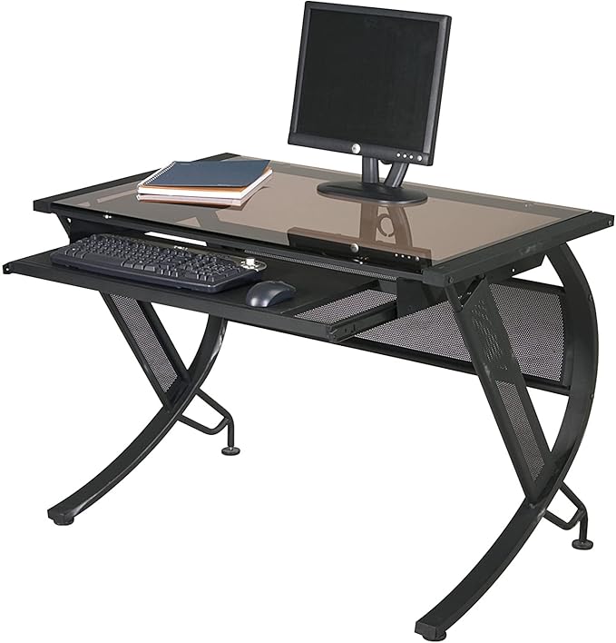 OSP Home Furnishings Horizon Computer Desk with Pull-Out Keyboard Tray Tempered Glass Top and Steel Frame Black