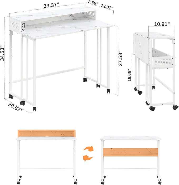 Gezen Folding Desk With Storage Shelf Small Rolling With Wheels Mobile Couch Sofa Side Table Bed for Home Office Small Space White Marble 39.4