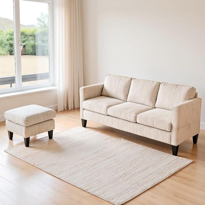 KEIKI 67 L-Shaped Sofa with Soft Padded Corduroy – Apartment-Friendly Sectional Couch with Memory Foam Compact Layout for Small Spaces Modern Style for Studios &amp Condos