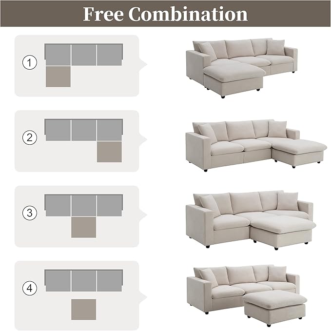 100.4 Beige Cloud Couches for Home Living Room Sofa Set Modern L Shaped Sectional Couch with Convertible Ottoman 4 Seater Comfy Polyester Fabric Modular Sofa for Apartment Bedroom Office