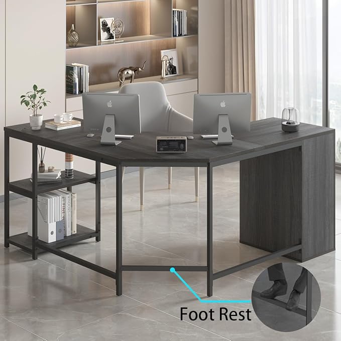 LVB 60 L Shape Home Office Desk with File Drawers Reversible Corner Table Workstation for Work Study Writing Gaming Large Wood Modern L-Shaped Computer Desk with Storage Cabinet Shelves Gray Oak