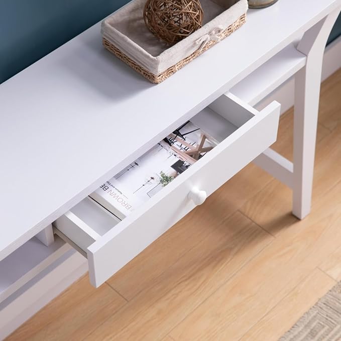 Modern White Console Work Table with One Smooth-Glide Drawer Two Spacious Side Shelves for Storage Versatile Use Compact Home Office Desk Durable Construction