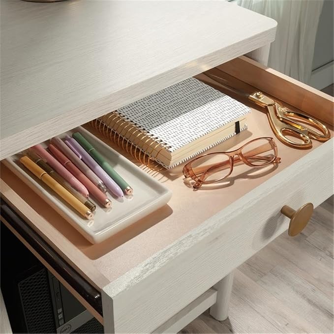 Pemberly Row Contemporary Engineered Wood Desk Glacier Oak Finish Spacious Work Surface 2 Drawers with Metal Runners Adjustable Shelf CPU Tower Storage Rounded Corners Home Office or Bedroom