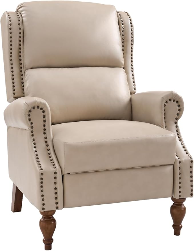 Pushback Recliner Chair Mid Century Modern Upholstered Faux Leather Recliner Single Sofa Accent Chair with Wood Legs and Rivet Decoration for Living Room Bedroom Beige