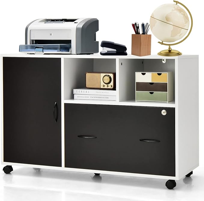 Lateral File Cabinet with Lock Filing Cabinet for Legal/Letter/A4 Size Files 40” Printer Stand with Open Storage Shelves for Home Office Mobile File Cabinets on Wheels