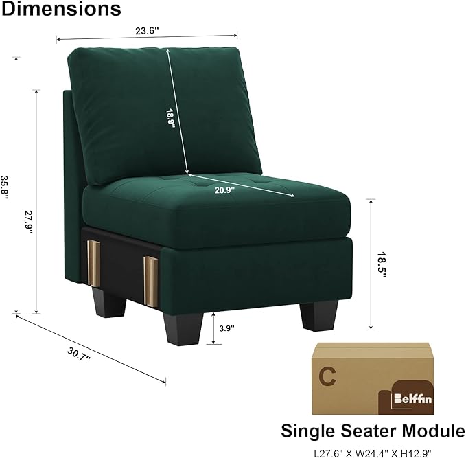 Belffin Velvet Single Seat Module for Modular Sectional Sofa Couch Accent Armless Sofa Couch Chair Modern Fabric Green